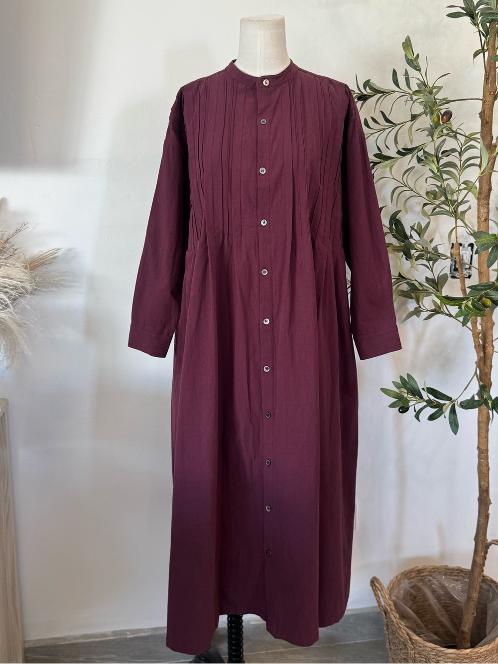Ichi 100% Cotton Burgundy Pintuck Button Front Maxi Shirt Dress - oversized Fit